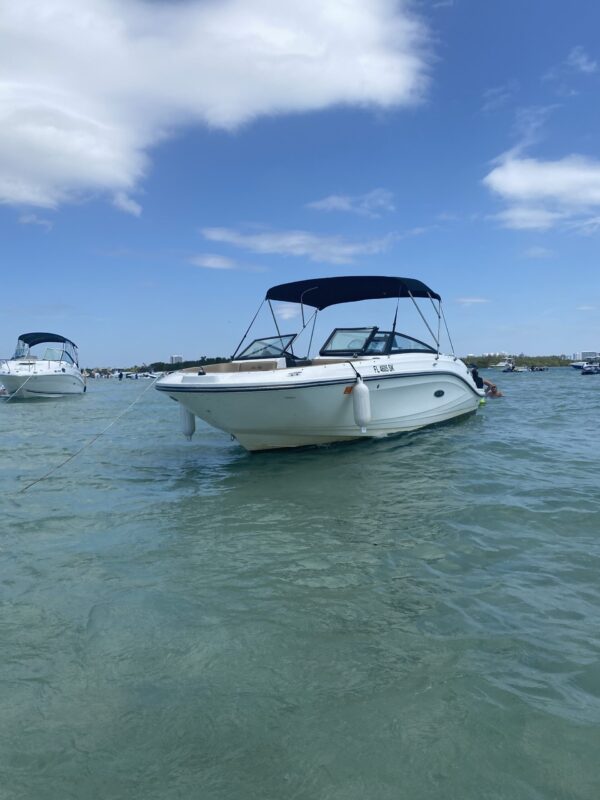 Side view of a 23′ Sea Ray SPX 230 bowrider with a black bimini top, anchored in shallow turquoise water in Miami under blue skies.